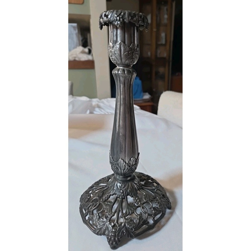Antique Art Nouveau Grape Vine Candlestick Pewter Pierced Base 9"